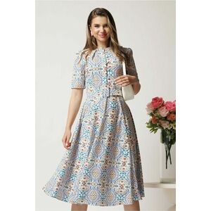 Rochie DY Fashion midi alba in clos din triplu voal cu print albastru si curea in talie imagine
