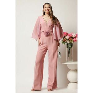 Salopeta DY Fashion roz cu pantaloni evazati si floare in talie imagine