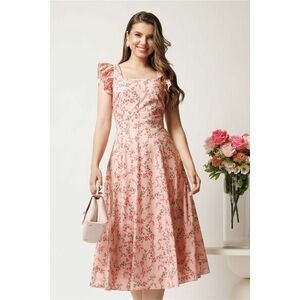 Rochie DY Fashion midi roz in clos cu floricele corai si volane la maneci imagine