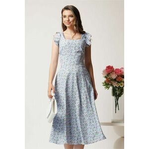 Rochie DY Fashion midi bleu in clos cu floricele roz si volane la maneci imagine