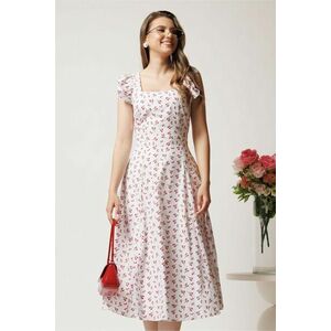 Rochie DY Fashion midi alba in clos cu floricele fucsia si volane la maneci imagine