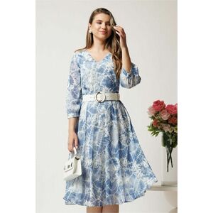 Rochie midi bleu din voal in clos cu imprimeuri si curea in talie imagine