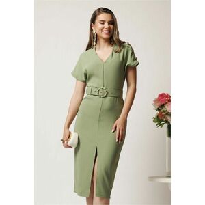Rochie midi verde maslina conica cu nasturi pe umeri si curea in talie imagine