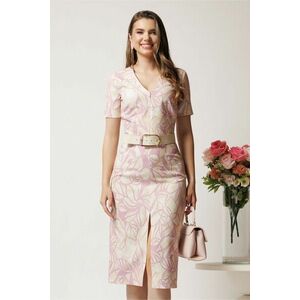 Rochie midi ivory conica cu imprimeu roz si curea in talie imagine
