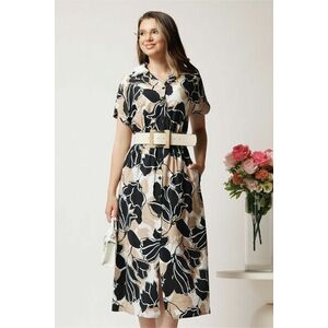Rochie midi neagra din viscoza cu imprimeu bej si curea in talie imagine