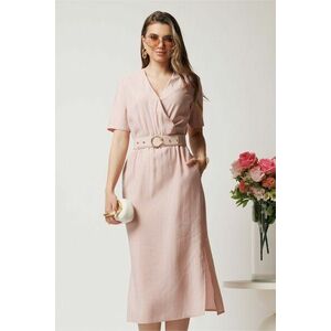 Rochie midi roz cu elastic si curea in talie imagine