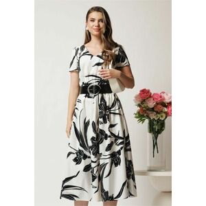 Rochie midi alba in clos cu imprimeuri florale negre si curea in talie imagine