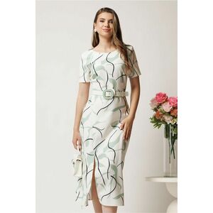 Rochie midi ivory cu imprimeu verde mint si curea detasabila in talie imagine