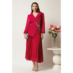 Rochie midi fucsia in clos cu peplum si strasuri pe talie imagine