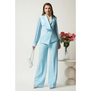Compleu bleu cu pantaloni evazati si sacou cambrat cu maneci din voal plisat imagine