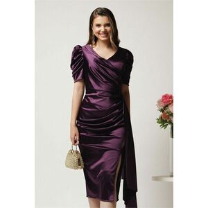 Rochie midi mov conica din tafta cu fronseu imagine