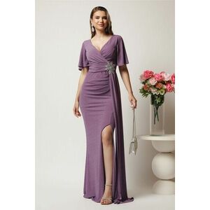 Rochie lunga lila din lurex cu floare in talie si croi mulat imagine