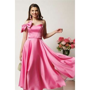 Rochie midi roz in clos din tafta cu funda la umar imagine