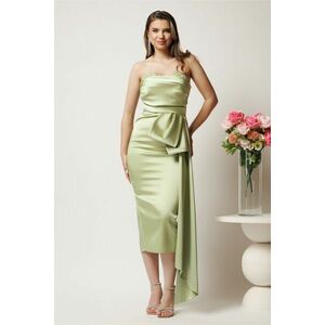 Rochie midi verde conica din tafta cu funda in talie si perle la decolteu imagine