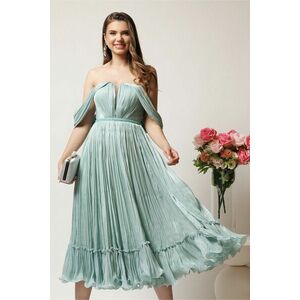 Rochie midi verde mint in clos din voal satinat cu aplicatii cazute pe umeri imagine