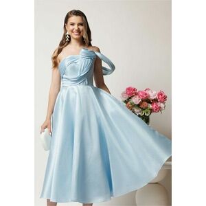 Rochie midi bleu in clos cu bust structurat si aplicatie asimetrica imagine
