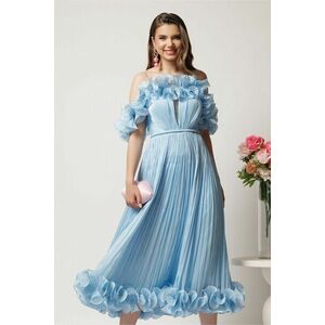 Rochie midi bleu in clos din voal satinat cu volanase la bust si la baza imagine
