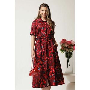 Rochie bordo tip camasa din bumbac cu flori rosii si cordon in talie imagine