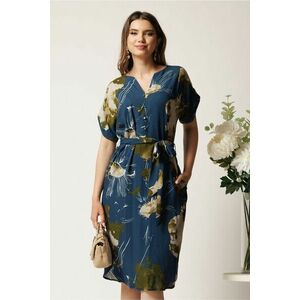 Rochie midi bleumarin cu imprimeuri kaki si cordon in talie imagine