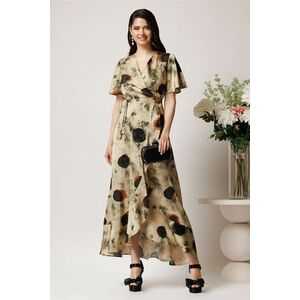 Rochie lunga bej cu buline negre din satin cu croi petrecut imagine