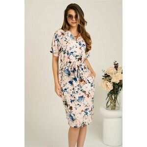Rochie midi roz din viscoza cu flori bleumarin si nasturi la bust imagine