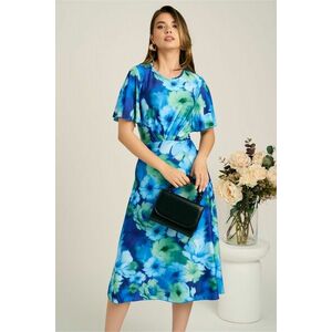 Rochie midi albastra din viscoza in clos cu flori verzi imagine
