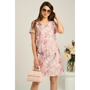 Rochie scurta roz din viscoza cu croi drept si flori mov imagine