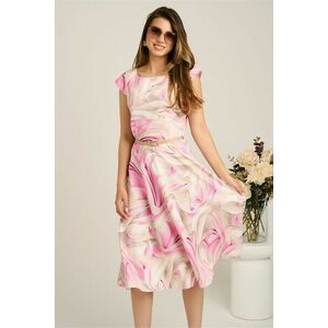 Rochie midi roz cu prin bej in clos cu buzunare si curea in talie imagine