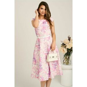 Rochie midi lila cu flori in clos cu buzunare si curea in talie imagine