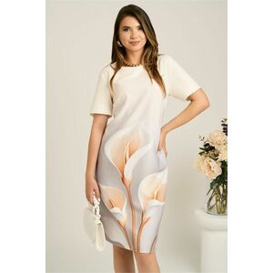 Rochie midi alba cu imprimeu gri si flori maro din stofa cu croi drept imagine