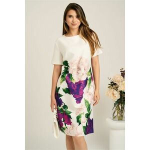Rochie midi alba cu flori mov din stofa cu croi drept imagine