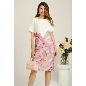 Rochie midi alba cu trandafiri maxi roz din stofa cu croi drept imagine