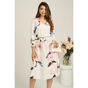 Rochie midi alba in clos din stofa cu trandafiri maxi roz si curea in talie imagine