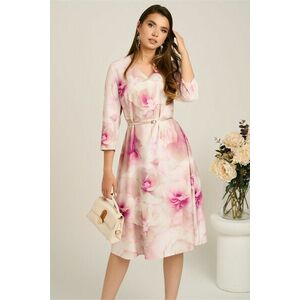 Rochie midi bej in clos din stofa cu flori fucsia si curea in talie imagine