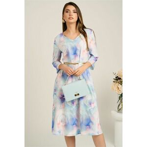 Rochie midi turcoaz in clos din stofa cu flori bleu si curea in talie imagine