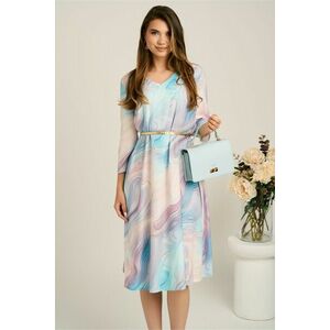 Rochie midi gri in clos din stofa cu imprimeu turcoaz si curea in talie imagine