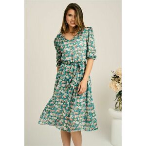 Rochie midi verde din voal in clos cu flori roz piersica si cordon in talie imagine