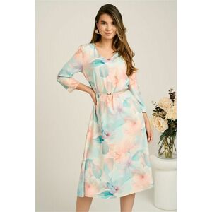 Rochie midi turcoaz in clos din stofa cu flori somon si curea in talie imagine