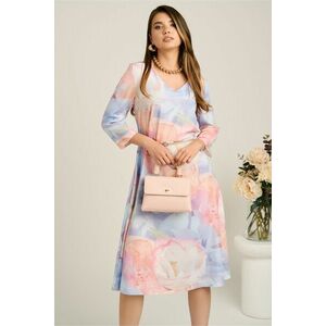 Rochie midi bleu in clos din stofa cu flori roz si curea in talie imagine