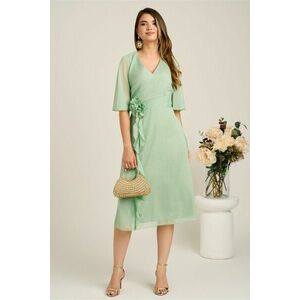 Rochie midi verde mint din voal in clos cu insertii din fir lurex si floare in talie-Viada imagine