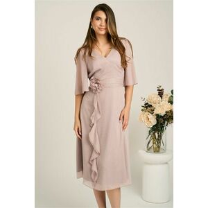 Rochie midi bej din voal in clos cu insertii din fir lurex si floare in talie-Viada imagine