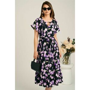 Rochie midi neagra din viscoza in clos cu imprimeu mov si cordon in talie imagine