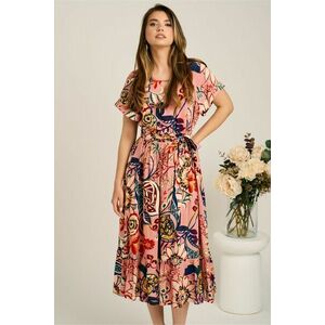 Rochie midi roz din viscoza in clos cu imprimeu colorat si cordon in talie imagine