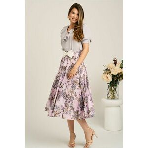 Fusta DY Fashion midi roz din voal in clos cu print maro si funda in talie imagine