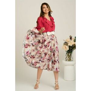 Fusta DY Fashion midi ivory din voal in clos cu imprimeu magenta si funda in talie imagine