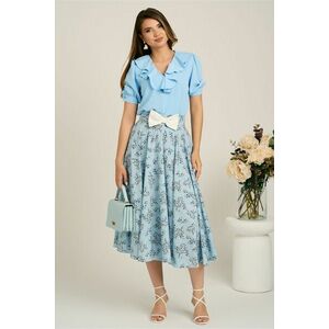 Fusta DY Fashion midi bleu din voal in clos cu imprimeuri florale si funda in talie imagine