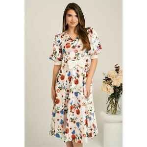 Rochie DY Fashion midi alba din satin in clos cu flori colorate si funda in talie imagine