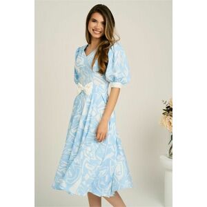 Rochie DY Fashion midi bleu din satin in clos cu print alb si funda in talie imagine