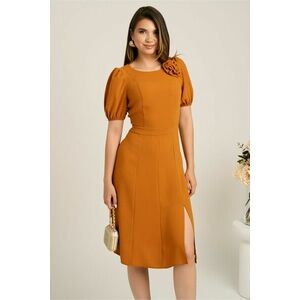 Rochie midi galben mustar din crep in clini cu floare la bust- Moze imagine
