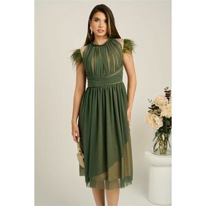 Rochie DY Fashion midi din tull verde olive in clos cu pene la umeri imagine